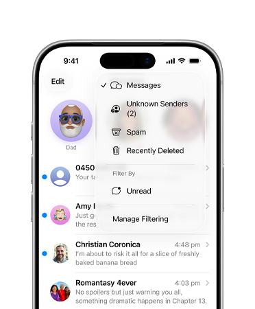 iPhone, top two-thirds only, screen shows Messages app with the new screening tools overlay menu feature