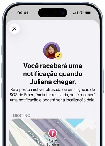 A tela do iPhone mostra a confirma??o de que uma notifica??o do Buscar foi configurada. O texto diz que a pessoa será notificada quando Pedro chegar, e há um mapa com a localiza??o fixada na parte inferior da tela.