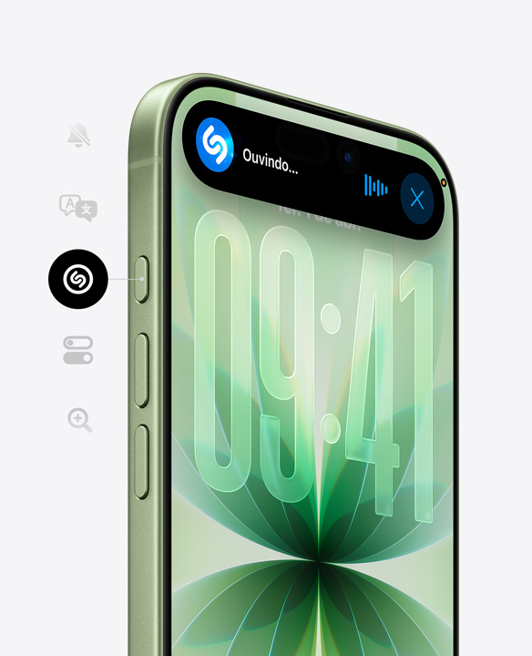 Parte da frente do iPhone 17 na cor sálvia com Ceramic Shield, Dynamic Island mostrando o Shazam em uso, e imagem lateral que mostra os bot?es de A??o e de volume