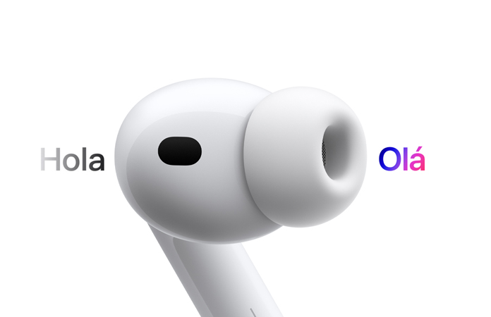 Fone do AirPods Pro 3 demonstrando a tradu??o ao vivo do espanhol para o inglês.