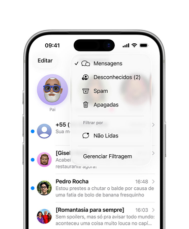 iPhone, dois ter?os superiores da tela mostrando o app Mensagens com o novo menu do recurso de ferramentas de filtragem sobreposto