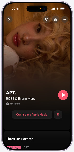 écran d’iPhone affichant ? APT ? de ROSé et Bruno Mars, indiquant que Shazam a identifié le morceau