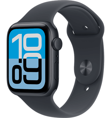 Apple Watch SE 3, bo?tier en aluminium, minuit, cadran Flux, c?té droit, Digital Crown, microphone, bouton latéral, bracelet sport minuit, fermoir à clou et passant argent