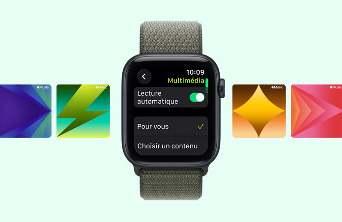 Apple Watch SE 3, bo?tier en aluminium, minuit, suggestions de liste de lecture d’entra?nement dans Apple Music, bracelet, sport à rabat, forêt