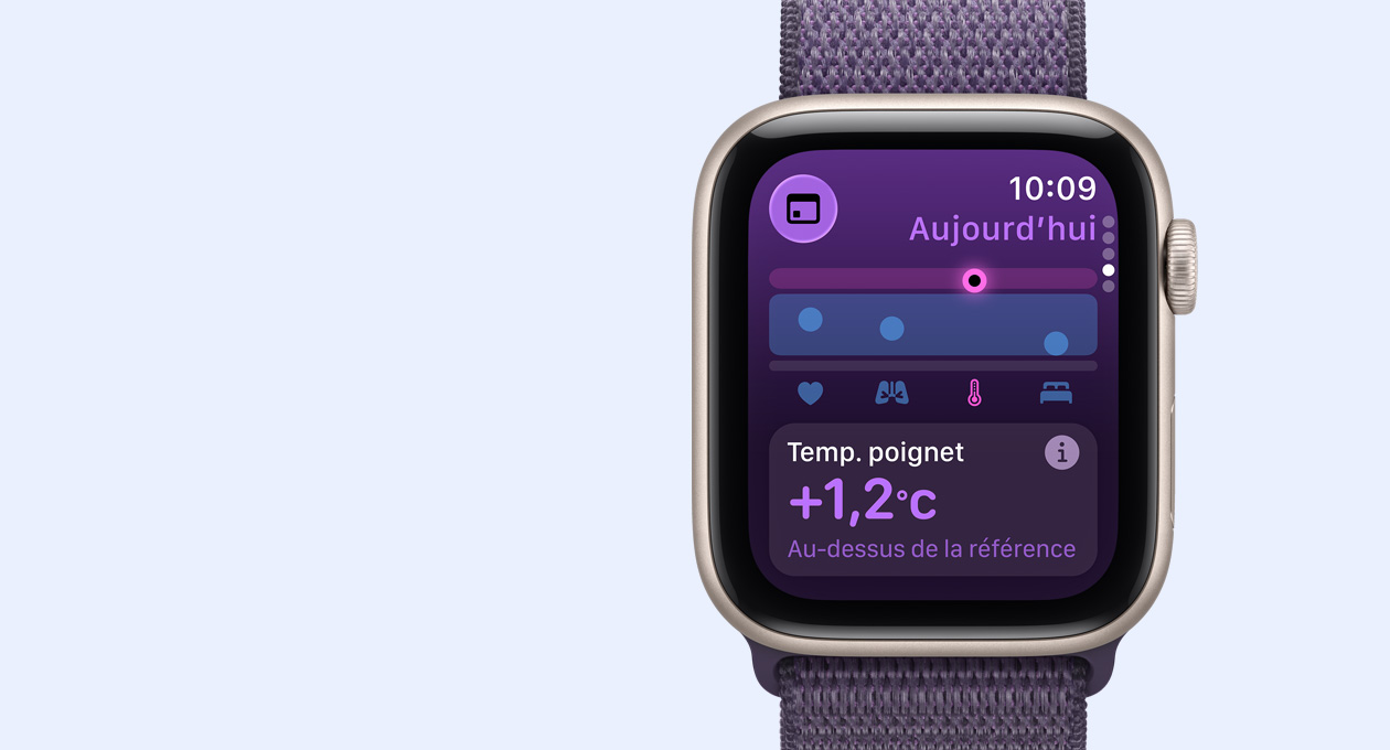 Apple Watch SE 3, bo?tier en aluminium, comète, données liées à la température du poignet, c?té droit extérieur, Digital Crown, bracelet, sport à rabat, brume violette