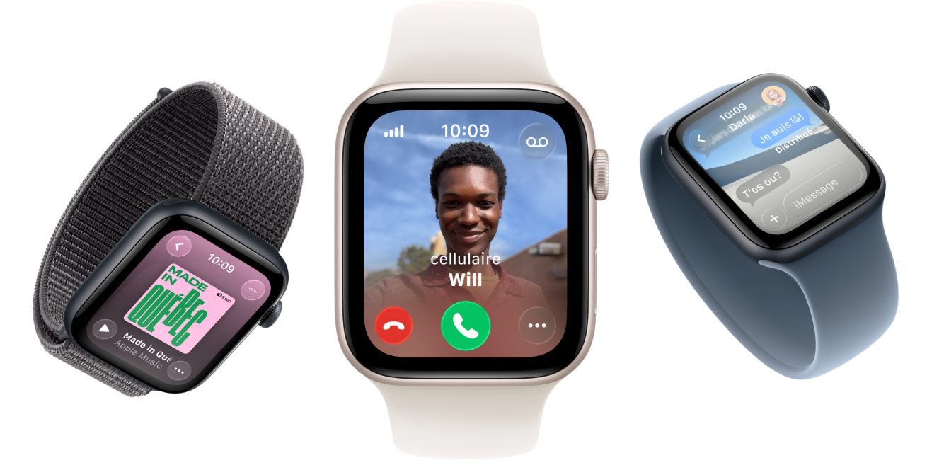 Plusieurs Apple Watch SE 3, bo?tiers en aluminium, finis comète et minuit, bracelet sport à rabat, gris foncé, bracelet solo, rose tendre, bracelet solo, bleu nautique, écrans : Apple Music, appel entrant, Messages