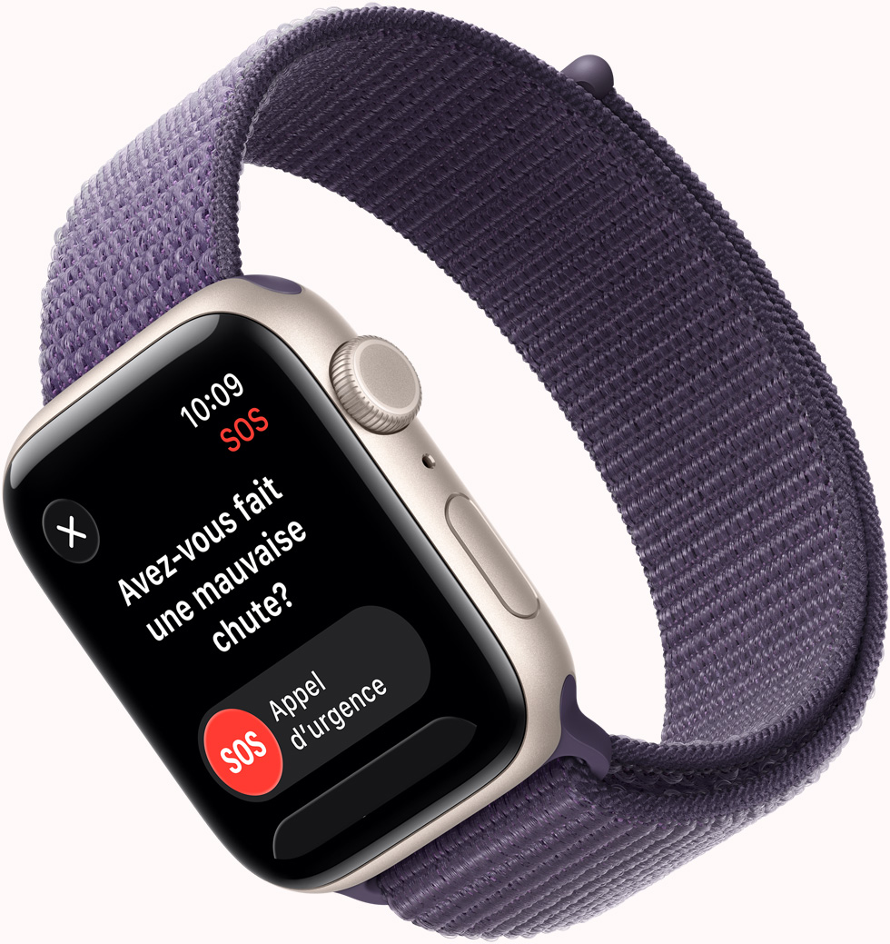 Apple Watch SE 3, bo?tier en aluminium, comète, notification SOS de détection de chute, bouton d’appel d’urgence, c?té droit, couronne Digital Crown, microphone, bouton latéral, bracelet sport à rabat, brume violette