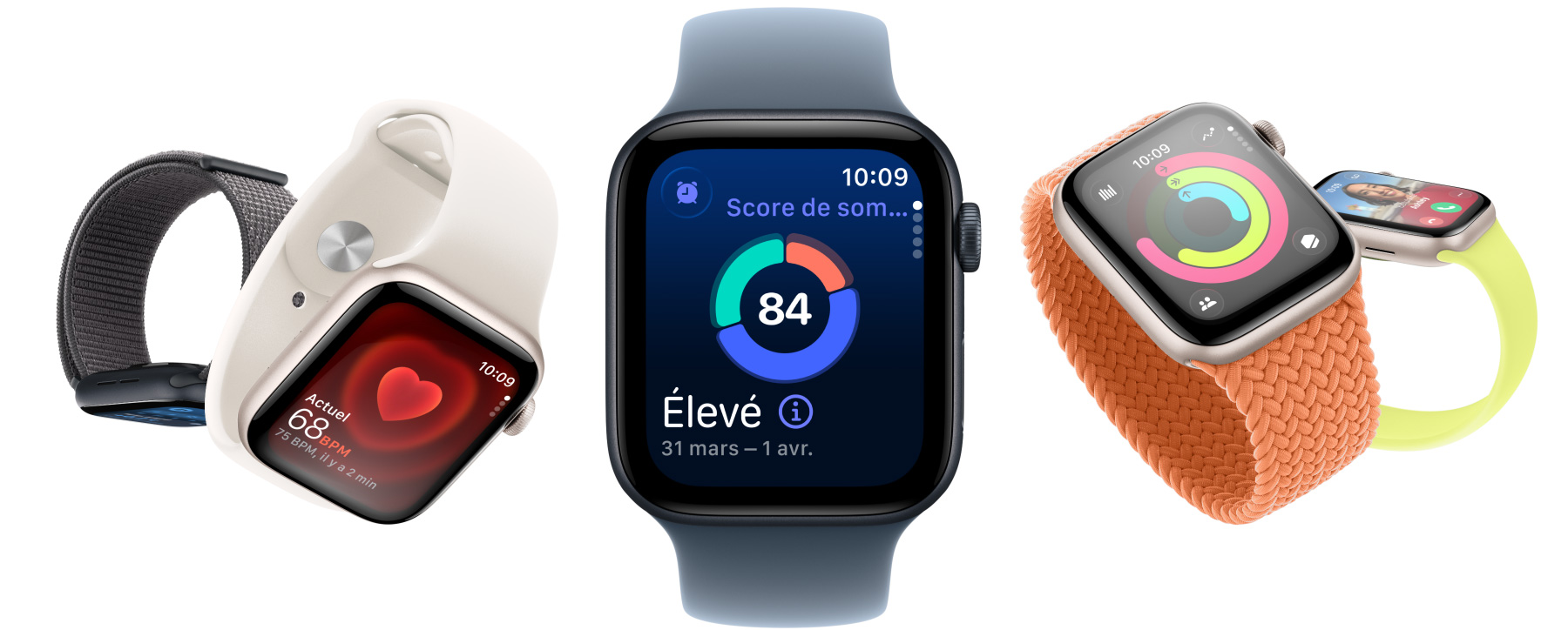 Plusieurs Apple Watch SE 3 avec bo?tiers en aluminium offerts en comète et minuit, présentant des apps comme Signes vitaux et Fréquence cardiaque, le score de sommeil, les anneaux d’activité et un appel entrant