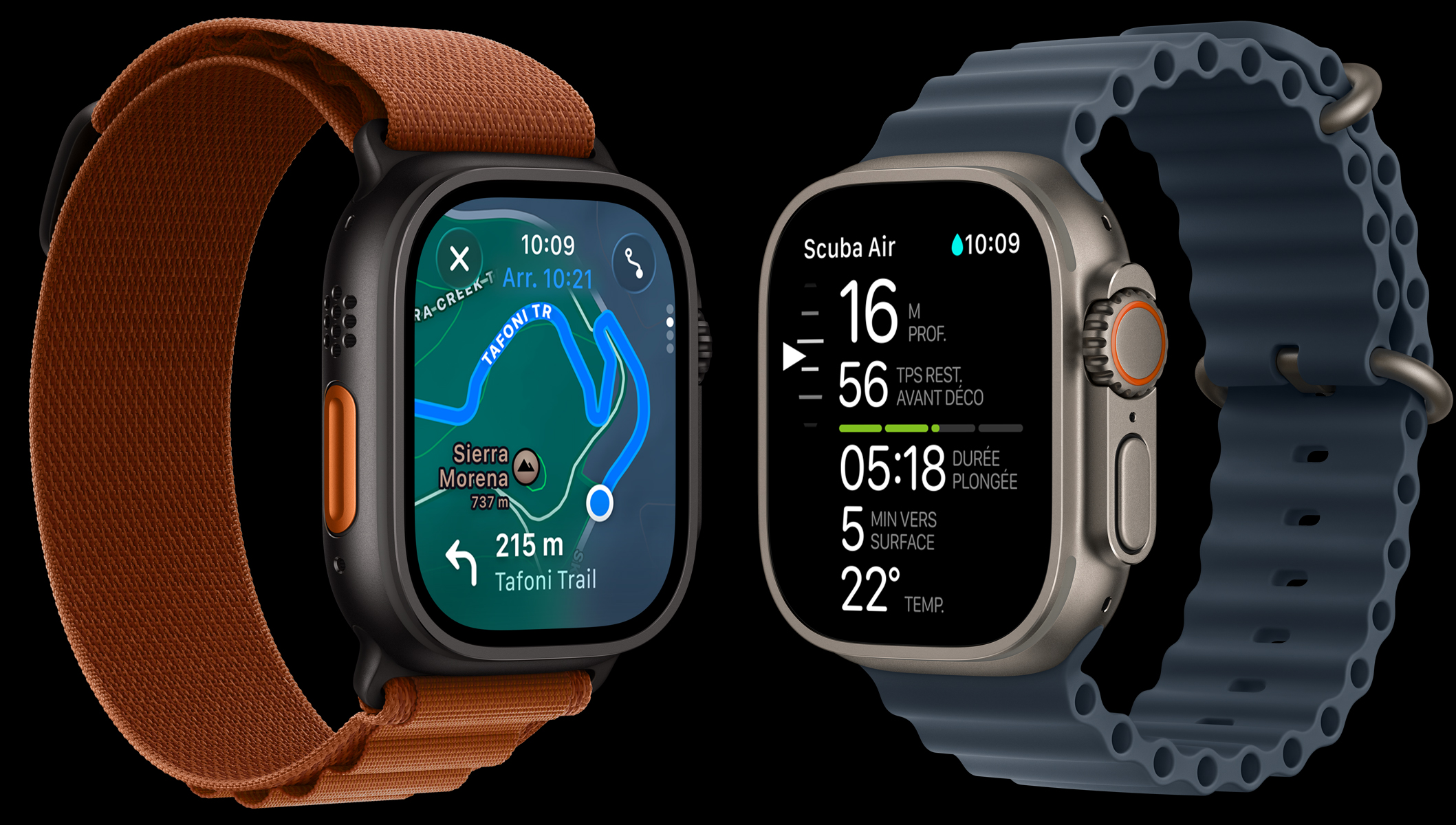 Deux Apple Watch Ultra 3, bo?tiers en titane, noir et naturel, carte d’une randonnée, données de plongée