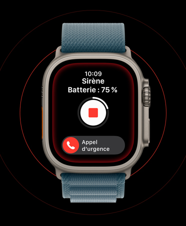 Apple Watch Ultra 3, naturel, bo?tier en titane, écran d’une sirène activée, bouton d’arrêt et bouton d’appel d’urgence, bracelet, Alpin bleu nautique