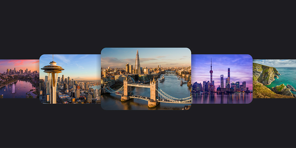 Luftfotos af Seattle, London og Shanghai.