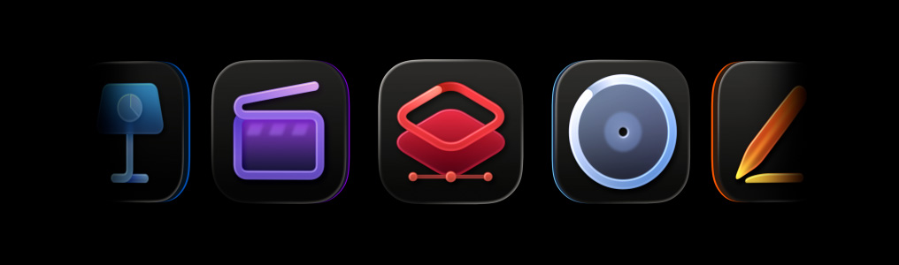 íconos de las apps de Apple Creator Studio, Final Cut Pro, Pixelmator Pro, Logic Pro, Pages, Compressor, MainStage, Numbers, Motion, Freeform, Keynote