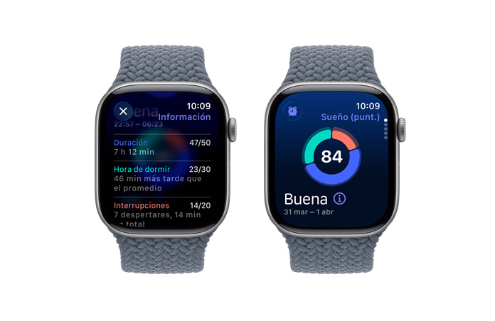 Apple Watch Series 11, gris espacial, caja de aluminio, notificación de Puntuación de Sue?o, parte lateral derecha, Digital Crown, correa uniloop trenzada, color azul ancla