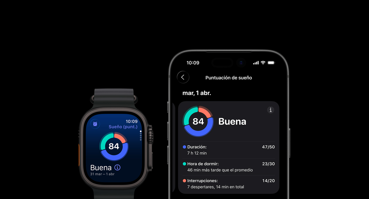 Gráfica circular y puntaje de Puntuación de Sue?o en el Apple Watch Ultra 3, análisis completo abierto en el iPhone enlazado 