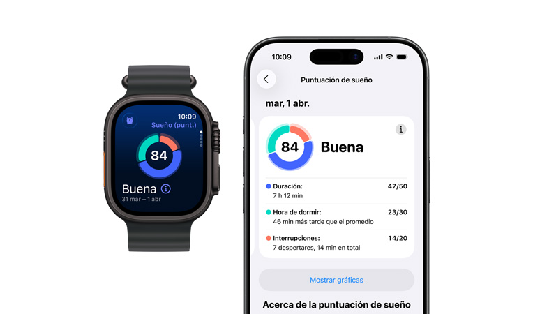 Apple Watch Ultra 3, caja de titanio, color negro, gráfico circular y puntaje de Puntuación de Sue?o, parte lateral izquierda, Botón de Acción, parte lateral derecha, Digital Crown, botón lateral, correa Ocean, color negro, análisis completo del sue?o abierto en un iPhone enlazado