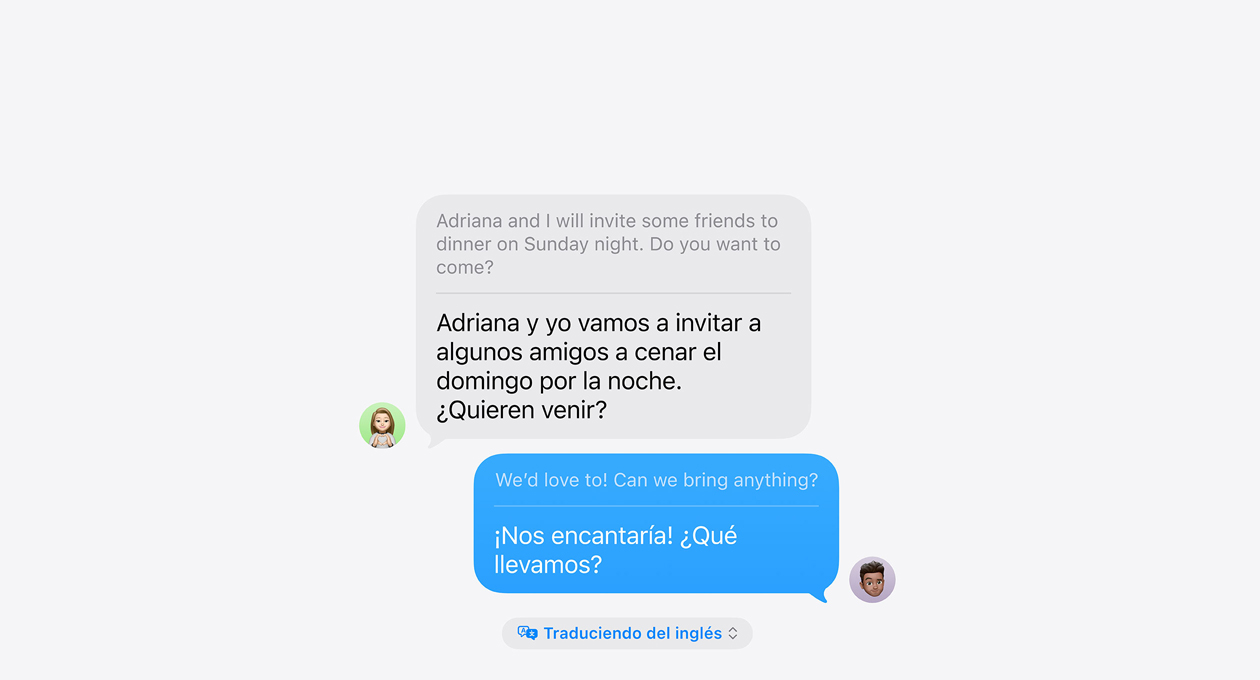 Traducción en Vivo en Mensajes muestra un ejemplo de traducción automática entre espa?ol e inglés
