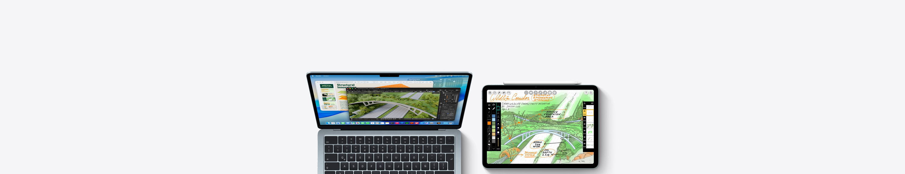 Un Mac y un iPad, en pantalla se muestran trabajos de cursos universitarios en varias apps