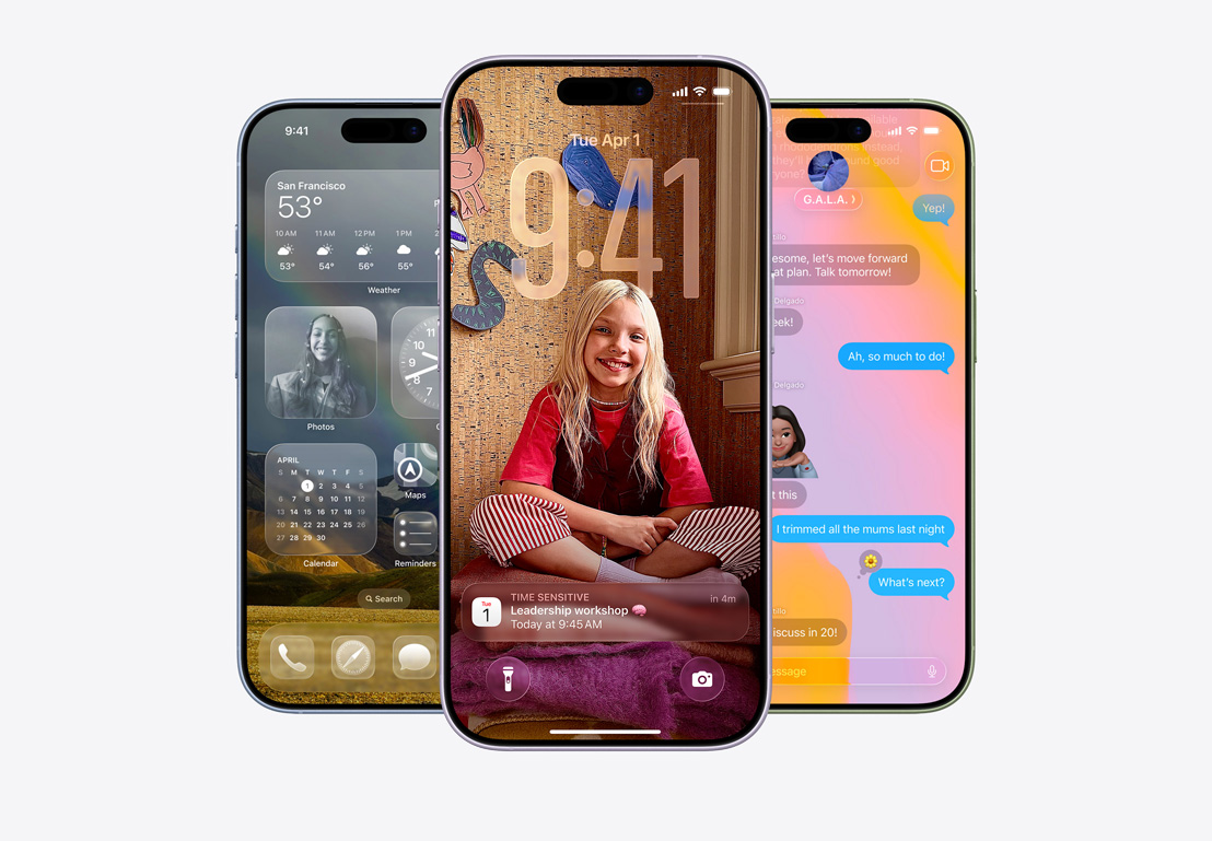 Obrazovka iPhonu se zobrazenym prově?ováním hovor?, obrazovka iPhonu se zobrazenymi dialogy aplikací Mail a Zprávy v Liquid Glass designu, obrazovka iPhonu zobrazující vlákno ve Zprávách s Liquid Glass pozadím