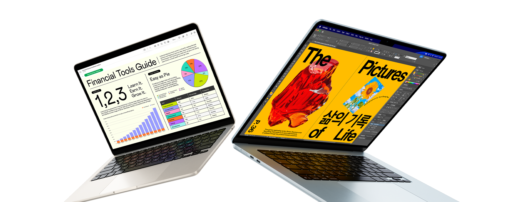 13palcovy a 15palcovy MacBook Air – jedna obrazovka znázorňuje rozpracovany soubor v Numbers, druhá graficky návrh
