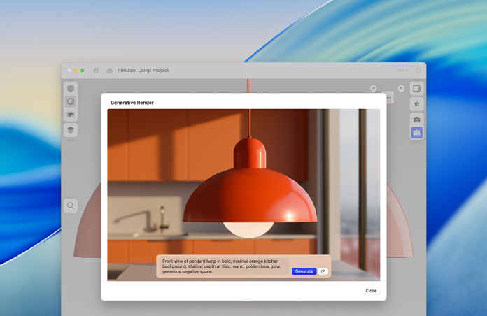 Okno Image Playground s obrázkem stropní lampy a s textovym promptem k rendrování