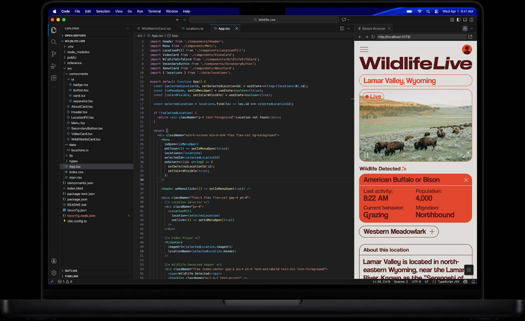 Na obrazovce MacBooku Pro je zobrazeny kód aplikace v programu Visual Studio Code