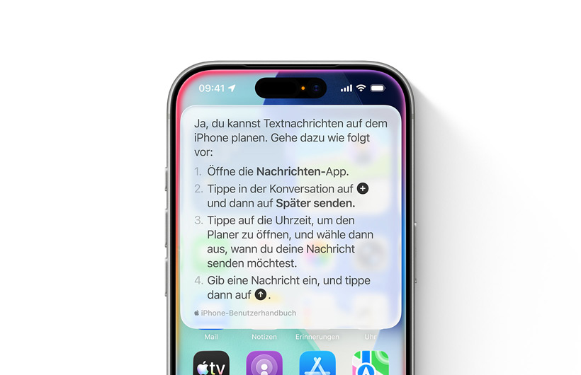 Ein iPhone zeigt eine Schritt-für-Schritt Anleitung, wie eine Textnachricht sp?ter gesendet werden kann