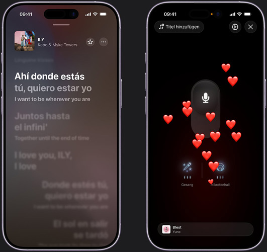 Ein iPhone auf der linken Seite zeigt den Apple Music Sing Modus auf dem iPhone, in dem ?ILY“ von Kapo und Myke Towers wiedergegeben wird. Ein iPhone auf der rechten Seite zeigt den Apple Music Sing Modus auf dem iPhone mit Herz-Emojis, die auf dem Bildschirm nach oben steigen, dem Mikrofonsymbol in der Mitte des Bildschirms und den Symbolen für Gesang und Mikrofonhall am unteren Bildschirmrand