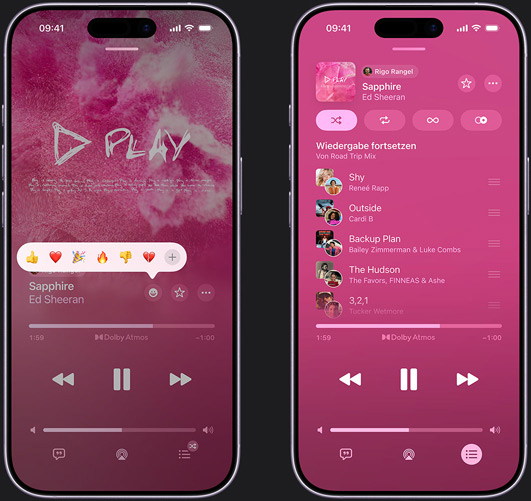 Ein iPhone auf der linken Seite zeigt ?Sapphire“ von Ed Sheeran auf dem iPhone Display mit einer Emoji-Eingabeaufforderung als Reaktion und den Optionen ?Daumen hoch“, ?Herz“, ?Feiern“, ?Daumen runter“ oder ?Weitere Reaktion hinzufügen“. Das iPhone auf der rechten Seite zeigt eine gemeinsame Playlist namens ?Road Trip Mix“ mit mehreren Songs, die von anderen Mitwirkenden hinzugefügt wurden