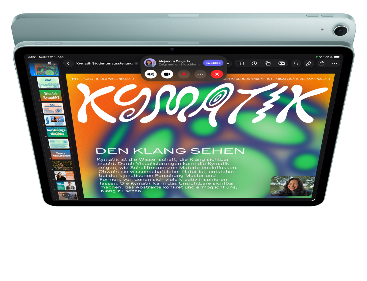 iPad Air, Vorderansicht, FaceTime und Keynote sind ge?ffnet, dahinter die Rückseite eines anderen iPad Air