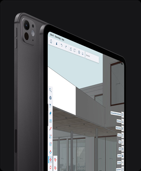 iPad Pro, Rückansicht, Hochformat, Farbe Space Schwarz, Pro Kamera-System, Lautst?rketasten, iPad Pro, Vorderansicht, Hochformat, Farbe Space Schwarz, schwarzer Displayrand, gerundete Ecken, Display mit einer App zum Bearbeiten von Grafiken mit Tools und Effekten, die in den Menüs links und rechts ge?ffnet sind