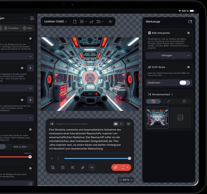 iPad Pro, Vorderansicht, das Display zeigt einen Clip eines futuristischen Raumschiffs, der mit verschiedenen Bearbeitungswerkzeugen und ge?ffneten KI Funktionen bearbeitet wird, darunter Image Interpreter und CLIP Score