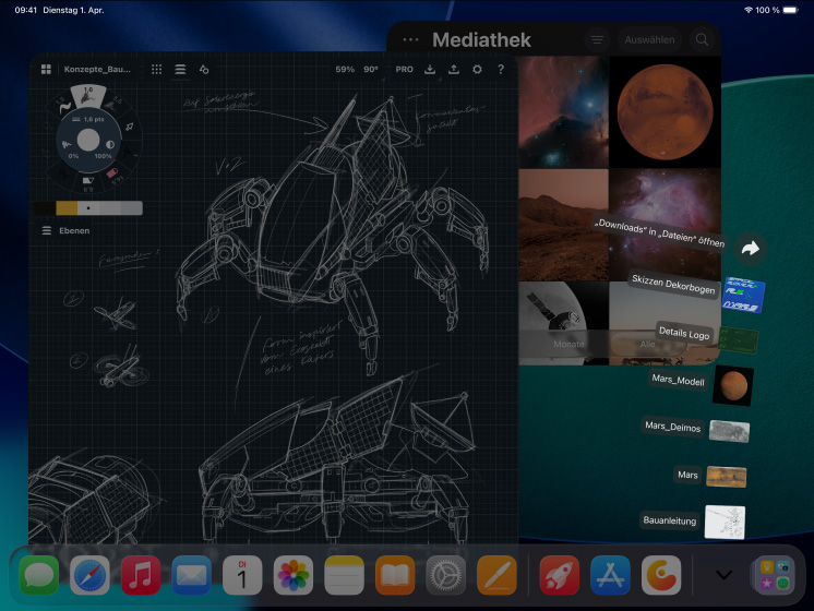 3 iPad Pro Ger?te, Vorderansicht, Querformat, Farbe Space Schwarz, ein Apple Pencil Pro liegt auf dem mittleren iPad Pro, die 3 Displays zeigen Fotobearbeitungsapps mit offenen Projekten, in denen ein Model vor rotem Hintergrund zu sehen ist, Skizzen von mechanischen Designs mit Tools zur Farbkorrektur, eine Fotomediathek, einen aufgef?cherten Downloads Ordner, 3D Modellierungssoftware mit geometrischen Formen und handschriftlichen Anmerkungen und Formeln