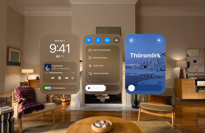 Apple Vision Pro Ansicht mit drei ge?ffneten Fenstern, von links nach rechts: Datum und Uhrzeit mit Steuerelementen für den Media Player, Steuerelemente für die Konnektivit?t und Displayeinstellungen