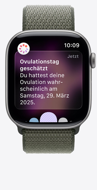 Apple Watch Series 11, Aluminiumgeh?use, Farbe Space Grau, Mitteilung vom Zyklusprotokoll zum gesch?tzten Ovulationsdatum in der Health App, Digital Crown, Armband, Sport Loop Waldgrün