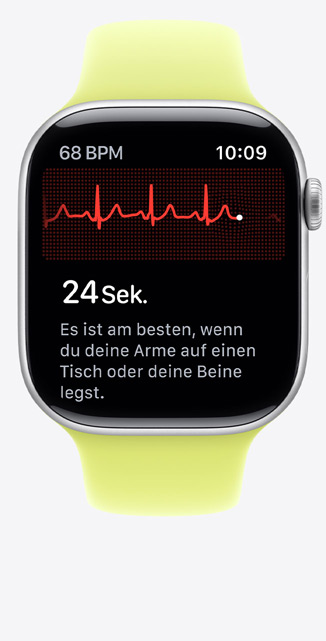 Apple Watch Series 11, Aluminiumgeh?use, Farbe Silber, EKG App, Schl?ge pro Minute oben links, Rhythmuslinie und Timer in der Mitte, Sportarmband, Farbe Neongelb