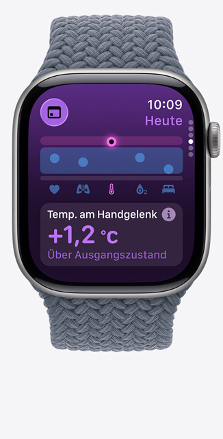 Apple Watch Series 11, Titangeh?use, Farbe Schiefer, Vitalzeichen App, Diagramm mit Gesundheitsbewertung, Mitteilung: Temperatur am Handgelenk über dem Basiswert, rechte Seitenansicht, Digital Crown, Geflochtenes Solo Loop Maritimblau