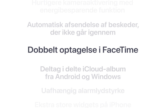 En liste med funktioner, hvor “Dual Capture i FaceTime” st?r skrevet med fed skrift i midten. De omgivende funktioner l?gger sig i baggrunden ovenover og nedenunder.