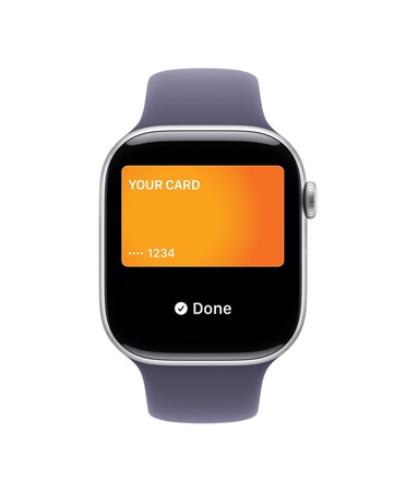 Apple?Watch Series?11, gold color, titanium case, Apple?Pay, right side exterior, Digital Crown, purple fog Sport Band