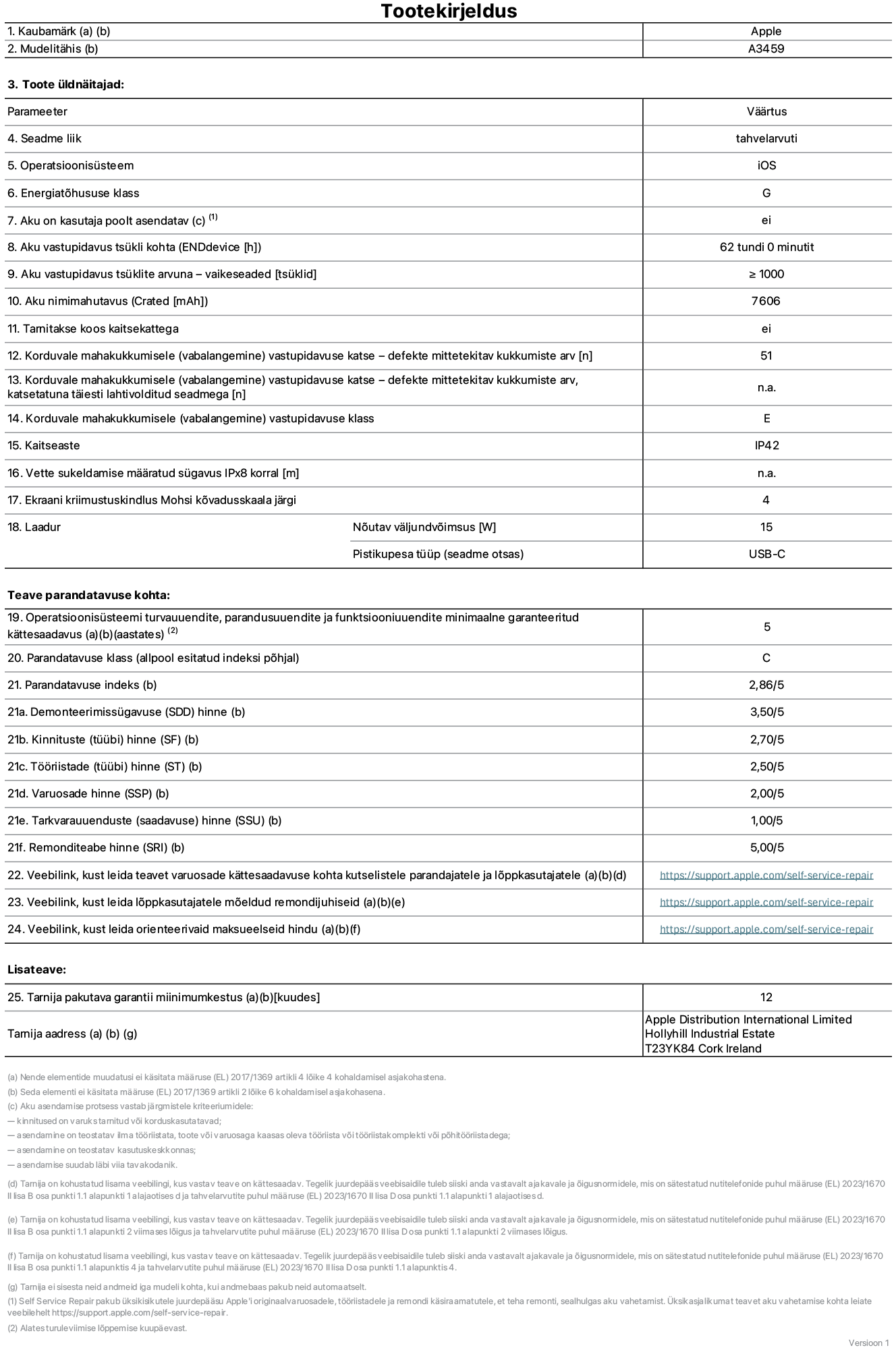 11-tollise iPad Air WiFi, mudeli A3459 toote infoleht. Tarnija on Apple Distribution International Limited, Hollyhill Industrial Estate. Cork, Iirimaa T23 YK84. Seadme tüüp: tahvelarvuti. Operatsioonisüsteem: iOS. Energiat?hususklass: G. Aku vahetatav kasutajale: ei. Aku vastupidavus tsükli kohta: 62 tundi. Aku kestvustsüklid – vaikes?tted: suurem kui v?i v?rdne 1000-ga. Akumaht: 7606 mAh. Tarnitakse kaitsekattega: ei. Korduv vabalangemise usaldusv??rsustest – kukub ilma defektita: suurem kui v?i v?rdne 51-ga. Korduv vabalangemise usaldusv??rsustest – kukub ilma defektita t?ielikult v?ljaulatatuna: pole kohaldatav. Korduv vabalangemise usaldusv??rsusklass: E. Tolmu- ja veekindluse kaitse hinnang: IP42. M??ratud iPx8 sukeldumissügavus vees: pole kohaldatav. Ekraani kriimustuskindlus Mohsi k?vaduse skaalal: 4. Laadija n?utav v?ljundv?imsus: 15 W. Laadija tüüp (seadmel): USB-C. Opsüsteemi turva-, korrektiiv- ja funktsionaalsusv?rskenduste minimaalne tagatud saadavus: 5 aastat. Parandatavusklass: C. Parandatavusindeks: 2,86/5. Lahtiv?tmise sügavuse (SDD) hinne: 3,50/5. Kinnitusdetailide hinne: 2,70/5. T??riistade hinne: 2,50/5. Varuosade hinne: 2,00/5. Tarkvarav?rskenduste hinne: 1,00/5. Parandusteabe hinne: 5,00/5. Teave varuosade k?ttesaadavuse kohta professionaalsetele parandajatele ja l?ppkasutajatele: https://support.apple.com/self-service-repair. Parandusjuhised l?ppkasutajatele: https://support.apple.com/self-service-repair. Soovituslikud maksueelsed hinnad: https://support.apple.com/self-service-repair. 12-kuune üldgarantii.