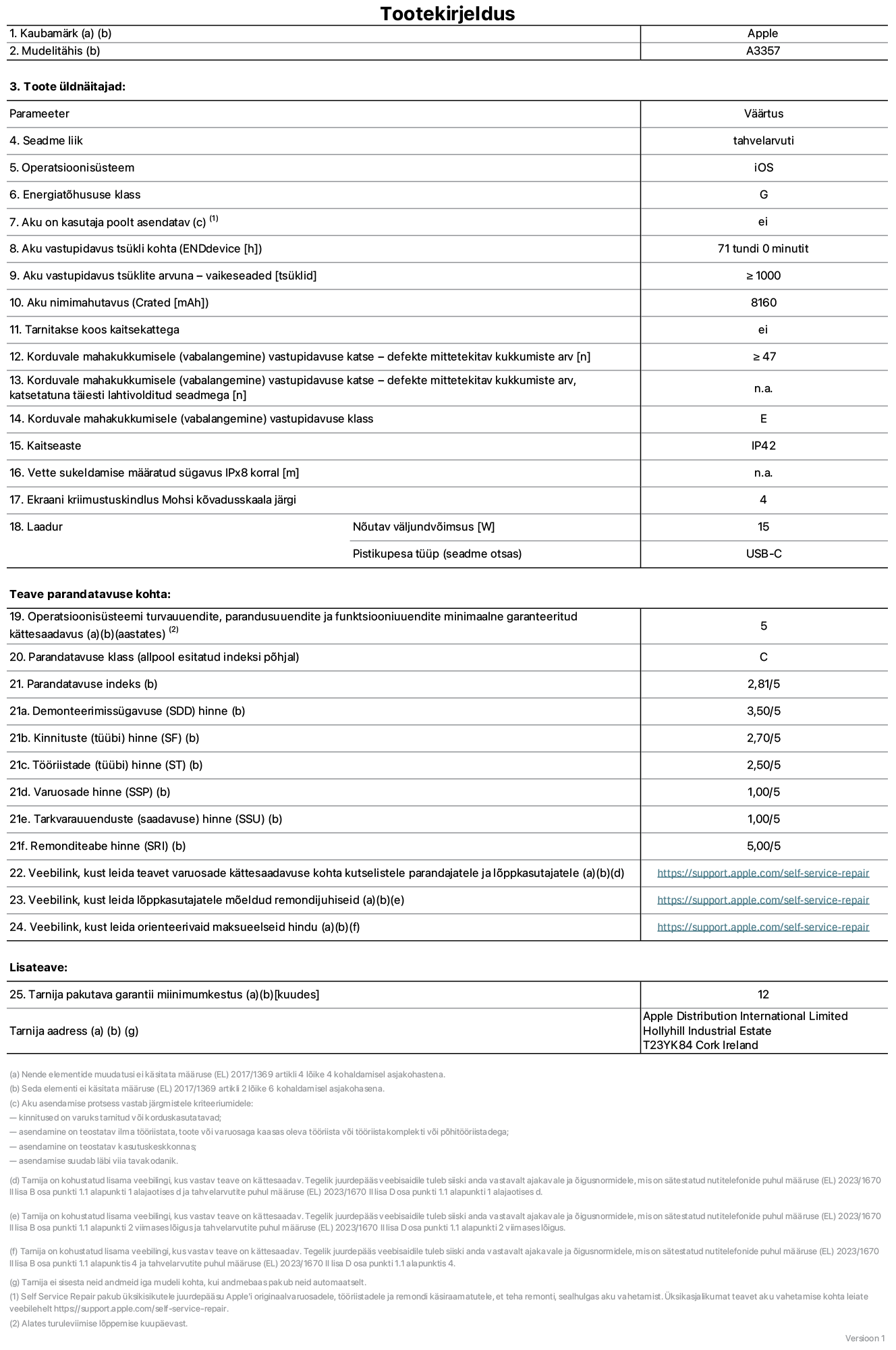 11-tollise iPad Pro M5 WiFi, mudeli A3357 toote infoleht. Tarnija on Apple Distribution International Limited, Hollyhill Industrial Estate. Cork, Ireland T23 YK84. Seadme tüüp: tahvelarvuti. Operatsioonisüsteem: iOS. Energiat?hususklass: G. Aku vahetatav kasutajale: ei. Aku vastupidavus tsükli kohta: 71 tundi. Aku kestvustsüklid – vaikes?tted: suurem v?i v?rdne 1000-ga. Akumaht: 8160 mAh. Tarnitakse kaitsekattega: ei. Korduv vabalangemise usaldusv??rsustest – kukub ilma defektita: ≥ 47. Korduv vabalangemise usaldusv??rsustest – kukub ilma defektita t?ielikult v?ljaulatatuna: pole kohaldatav. Korduv vabalangemise usaldusv??rsusklass: E. Tolmu- ja veekindluse kaitse hinnang: IP42. M??ratud iPx8 sukeldumissügavus: pole kohaldatav. Ekraani kriimustuskindlus Mohsi k?vaduse skaalal: 4. Laadija n?utav v?ljundv?imsus: 15 W. Laadija tüüp (seadmel): USB-C. Opsüsteemi turva-, korrektiiv- ja funktsionaalsusv?rskenduste minimaalne tagatud saadavus: 5 aastat. Parandatavusklass: C. Parandatavusindeks: 2,81/5. Lahtiv?tmise sügavuse (SDD) hinne: 3,50/5. Kinnitusdetailide hinne: 2,70/5. T??riistade hinne: 2,50/5. Varuosade hinne: 1,00/5. Tarkvarav?rskenduste hinne: 1,00/5. Parandusteabe hinne: 5,00/5. Teave varuosade k?ttesaadavuse kohta professionaalsetele parandajatele ja l?ppkasutajatele: https://support.apple.com/self-service-repair. Parandusjuhised l?ppkasutajatele: https://support.apple.com/self-service-repair. Soovituslikud maksueelsed hinnad: https://support.apple.com/self-service-repair. 12-kuune üldgarantii.