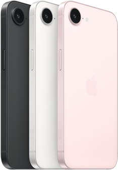 iPhone 17e, külg ja tagakülg, must v?rvitoon, külg ja tagakülg, valge v?rvitoon, külg ja tagakülg, ?rnroosa v?rvitoon, ülaosas Fusion kaamera, külgnupp