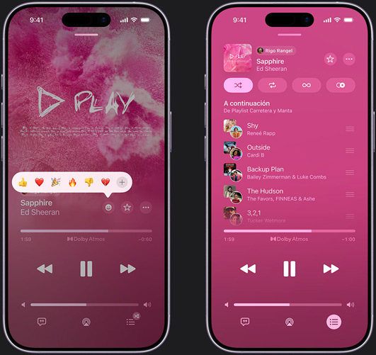 El iPhone de la izquierda muestra la canción ?Sapphire? de Ed Sheeran en la pantalla y el menú de selección de reacciones con varios emojis: pulgar hacia arriba, corazón, fiesta, pulgar hacia abajo o a?adir otra reacción. El iPhone de la derecha muestra una playlist colaborativa con varias canciones a?adidas por otras personas