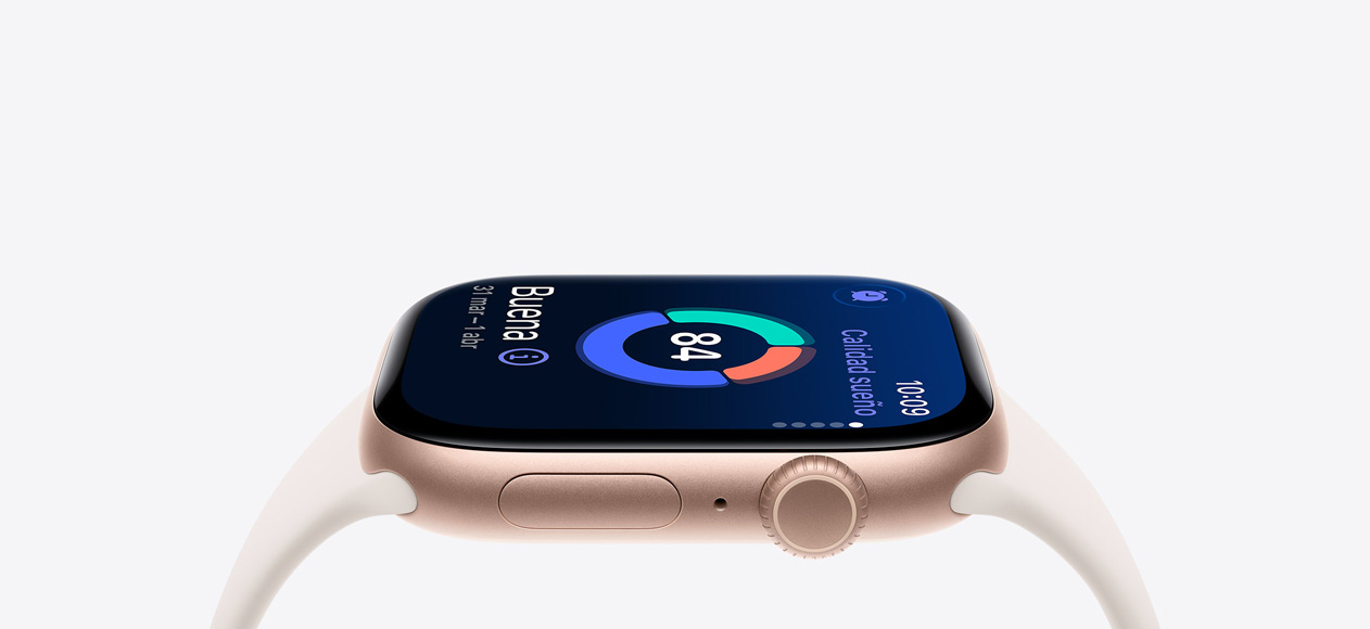 Apple Watch Series 11, color oro rosa, caja de aluminio, calidad del sue?o, lateral derecho, Digital Crown, micrófono, botón lateral, correa deportiva blanco estrella