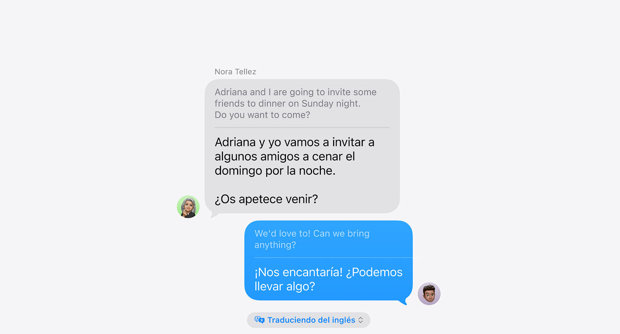 La prestación Traducción en Tiempo Real en Mensajes muestra un ejemplo de traducción automática entre espa?ol e inglés