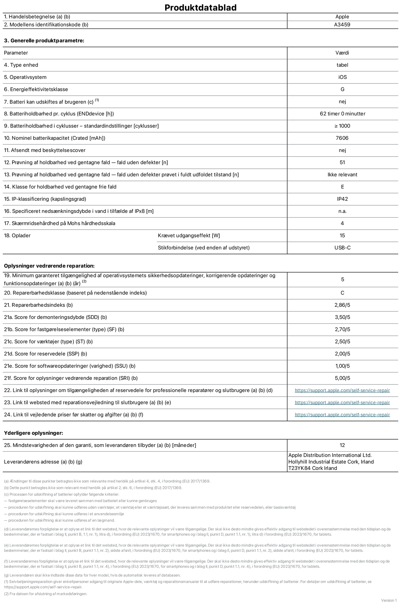 Produktdatablad til 11" iPad Air Wi?Fi, model A3459. Leveret af Apple Distribution International Limited, Hollyhill Industrial Estate. Cork, Irland, T23 YK84. Enhedstype: tablet. Styresystem: iOS. Energieffektivitetsklasse: G. Batteri kan udskiftes af brugeren: nej. Batteritid pr. cyklus: 62 timer. Batterilevetid i cyklusser – standardindstillinger: ≥ 1000. Nominel batterikapacitet: 7606 mAh. Leveres med beskyttelsescover: nej. Holdbarhedstest ved gentagne fald – fald uden defekt: 51. Holdbarhedstest ved gentagne fald – fald uden defekt testet i fuldt udfoldet tilstand: ikke relevant. Holdbarhedsklasse ved gentagne fald: E. Kapslingsklasse: IP42. Angivet neds?nkningsdybde i vand ved IPx8: ikke relevant. Sk?rmens ridsefasthed p? Mohs' h?rdhedsskala: 4. P?kr?vet udgangseffekt for oplader: 15 watt. Opladerstiktype (p? enheden): USB?C. Garanteret minimumsperiode for tilg?ngelighed af sikkerhedsopdateringer, fejlrettelser og funktionsopdateringer til styresystemet: 5 ?r. Reparerbarhedsklasse: C. Reparationsindeks: 2,86/5. Score for demonteringsdybde (SDD): 3,50/5. Score for fastg?relseselementer: 2,70/5. Score for v?rkt?j: 2,50/5. Score for reservedele: 2,00/5. Score for softwareopdateringer: 1,00/5. Score for reparationsoplysninger: 5,00/5. Weblink til oplysninger om tilg?ngeligheden af reservedele for professionelle reparat?rer og slutbrugere: https://support.apple.com/self-service-repair. Weblink til vejledning i reparation for slutbrugere: https://support.apple.com/self-service-repair. Weblink til vejledende priser f?r skatter og afgifter: https://support.apple.com/self-service-repair. Produktet er omfattet af 12 m?neders garanti.