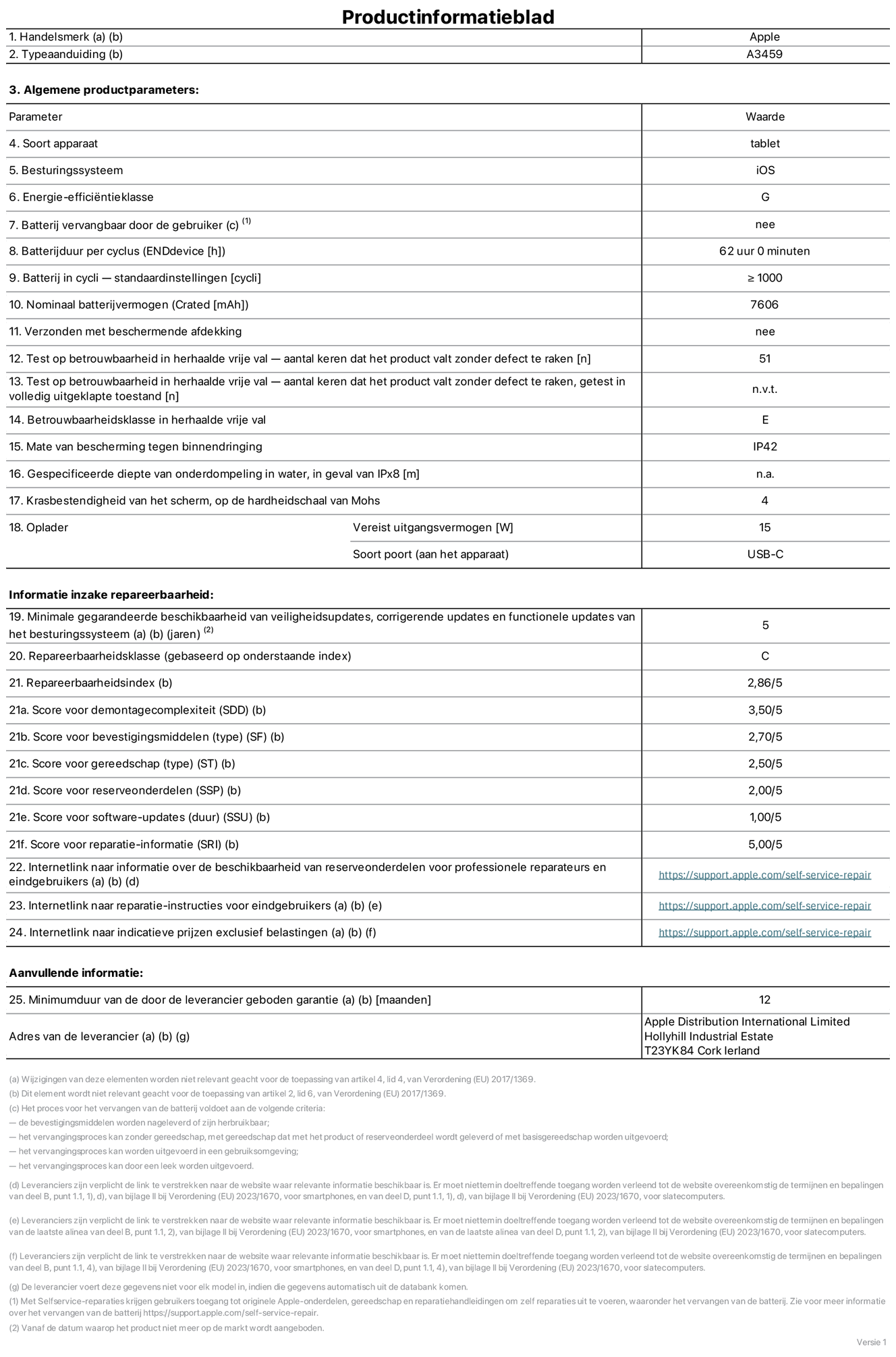 Productinformatieblad voor 11?inch iPad Air (Wi?Fi), model A3459. Verstrekt door Apple Distribution International Limited, Hollyhill Industrial Estate. Cork, Ierland, T23 YK84. Type device: tablet. Besturingssysteem: iOS. Energie-effici?ntieklasse: G. Batterij door de gebruiker te vervangen: nee. Batterijduur per cyclus: 62 uur. Batterijduur in cycli, standaardinstellingen: groter dan of gelijk aan 1000. Nominale batterijcapaciteit: 7606 mAh. Geleverd met beschermhoesje: nee. Herhaalde betrouwbaarheidstest voor vrije val, valpartijen zonder defect: 51. Herhaalde betrouwbaarheidstest voor vrije val, valpartijen zonder defect getest in volledig verlengde staat: niet van toepassing. Herhaalde vrije val betrouwbaarheidsklasse: E. Beschermingsklasse: IP42. Gespecificeerde dompeldiepte in water, in geval van iPx8: niet van toepassing. Krasbestendigheid van het scherm op de hardheidsschaal van Mohs: 4. Uitgangsvermogen vereist voor oplader: 15 watt. Type opladeraansluiting (aan het uiteinde van het device): USB?C. Minimale gegarandeerde beschikbaarheid van beveiligingsupdates van het besturingssysteem, corrigerende updates en functionaliteitsupdates: 5 jaar. Repareerbaarheidsklasse: C. Repareerbaarheidsindex: 2,86/5. Score demontagediepte (SDD): 3,50/5. Score sluitingen: 2,70/5. Gereedschapsscore: 2,50/5. Score reserveonderdelen: 2,00/5. Score software-updates: 1,00/5. Score reparatiegegevens: 5,00/5. Weblink naar informatie over de beschikbaarheid van reserveonderdelen voor professionele reparaties en eindgebruikers: https://support.apple.com/self-service-repair. Weblink voor reparatie-instructies voor eindgebruikers: https://support.apple.com/self-service-repair. Weblink naar indicatieve prijzen vóór belasting: https://support.apple.com/self-service-repair. Inclusief 12 maanden algemene garantie.
