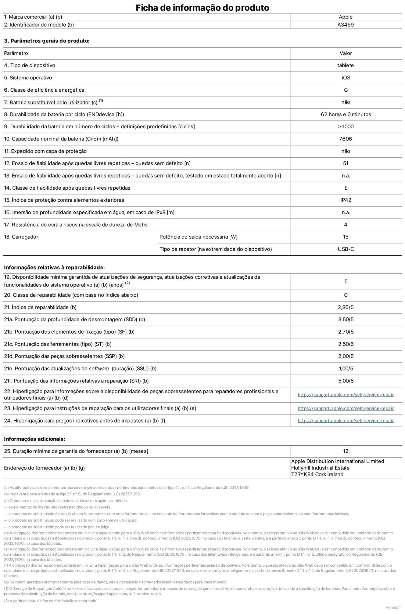 Folha de informa??es do produto para o iPad Air de 11 polegadas (Wi?Fi), modelo A3459. Fornecido pela Apple Distribution International Limited, Hollyhill Industrial Estate. Cork, Irlanda T23 YK84. Tipo de dispositivo: tablet. Sistema operativo: iOS. Classe de eficiência energética: G. Bateria substituível pelo utilizador: n?o. Autonomia da bateria por ciclo: 62 horas. Autonomia da bateria em ciclos - pré?configura??es: igual ou superior a 1000. Capacidade nominal da bateria: 7606 miliamperes-hora. Enviado com capa protetora: n?o. Teste de fiabilidade após quedas livres sucessivas - quedas sem defeito: 51. Teste de fiabilidade após quedas livres sucessivas - quedas sem defeito testadas no estado totalmente aberto: n?o aplicável. Classe de fiabilidade após quedas livres sucessivas: E. índice de prote??o contra elementos exteriores: IP42. Imers?o de profundidade especificada em água, em caso de IPx8: n?o aplicável. Resistência do ecr? a riscos na escala de dureza de Mohs: 4. Potência de saída necessária do carregador: 15 watts. Tipo de recetor do carregador (na extremidade do dispositivo): USB?C. disponibilidade mínima garantida de atualiza??es de seguran?a, atualiza??es corretivas e atualiza??es de funcionalidades do sistema operativo: 5 anos. Classe de reparabilidade: C. índice de reparabilidade: 2,86/5. Pontua??o da profundidade de desmontagem (SDD): 3,50/5. Pontua??o dos elementos de fixa??o: 2,70/5. Pontua??o das ferramentas: 2,50/5. Pontua??o das pe?as sobresselentes: 2,00/5. Pontua??o das atualiza??es de software: 1,00/5. Pontua??o das informa??es relativas a repara??o: 5,00/5. Hiperliga??o para informa??es sobre a disponibilidade de pe?as sobresselentes para reparadores profissionais e utilizadores finais: https://support.apple.com/self-service-repair. Hiperliga??o para instru??es de repara??o para utilizadores finais: https://support.apple.com/self-service-repair. Hiperliga??o para pre?os indicativos antes de impostos: https://support.apple.com/self-service-repair. Oferta de garantia geral de 12 meses.