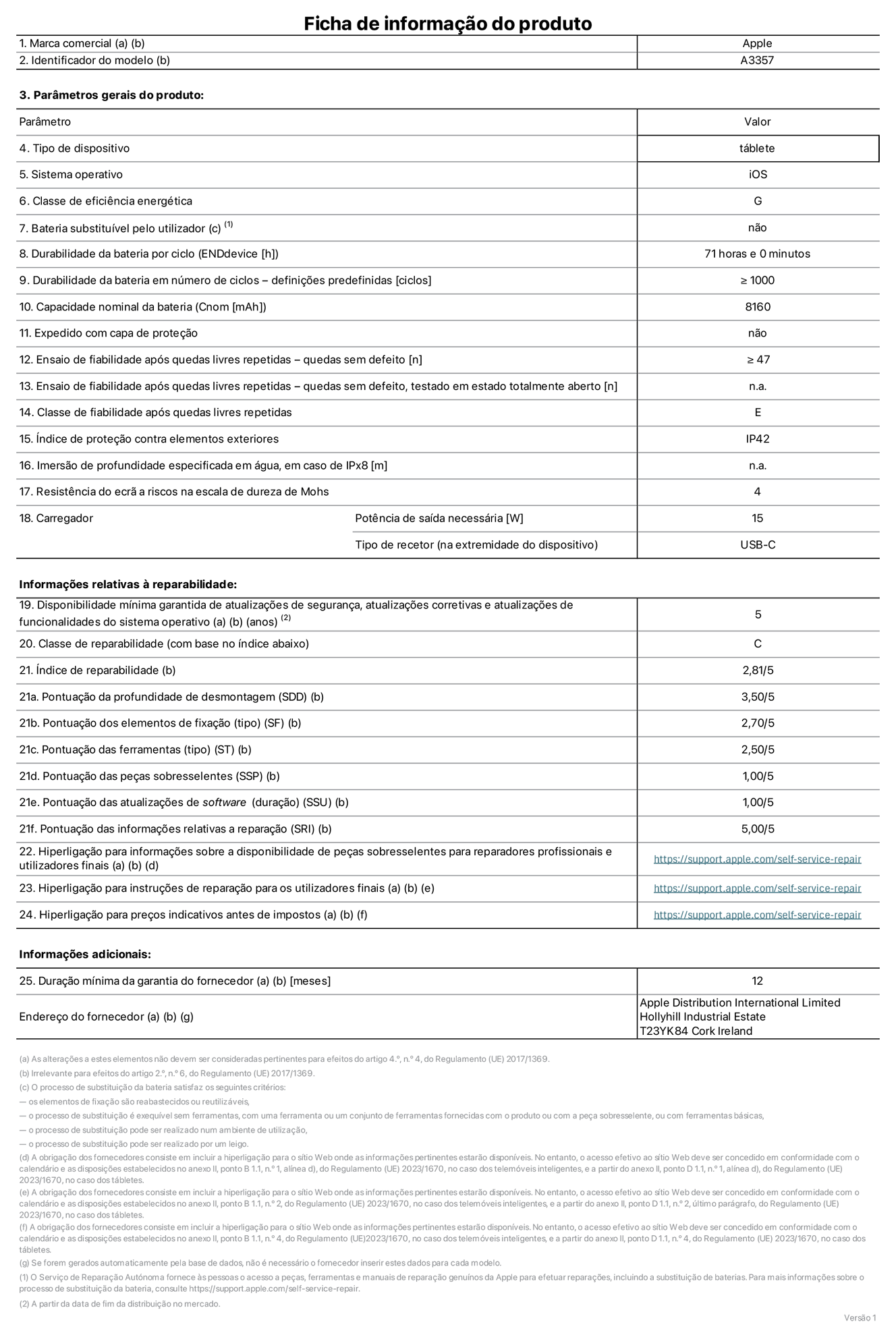Folha de informa??es do produto para o iPad Pro de 11 polegadas (M5) (Wi-Fi), modelo A3357. Fornecido pela Apple Distribution International Limited, Hollyhill Industrial Estate. Cork, Irlanda T23 YK84. Tipo de dispositivo: tablet. Sistema operativo: iOS. Classe de eficiência energética: G. Bateria substituível pelo utilizador: n?o. Autonomia da bateria por ciclo: 71 horas. Autonomia da bateria em ciclos - pré?configura??es: igual ou superior a 1000. Capacidade nominal da bateria: 8160 miliamperes-hora. Enviado com capa protetora: n?o. Teste de fiabilidade após quedas livres sucessivas - quedas sem defeito: número igual ou superior a 47. Teste de fiabilidade após quedas livres sucessivas - quedas sem defeito testadas no estado totalmente aberto: n?o aplicável. Classe de fiabilidade após quedas livres sucessivas: E. índice de prote??o contra elementos exteriores: IP42. Imers?o de profundidade especificada em água, em caso de IPx8: n?o aplicável. Resistência do ecr? a riscos na escala de dureza de Mohs: 4. Potência de saída necessária do carregador: 15 watts. Tipo de recetor do carregador (na extremidade do dispositivo): USB-C. Disponibilidade mínima garantida de atualiza??es de seguran?a, atualiza??es corretivas e atualiza??es de funcionalidades do sistema operativo: 5 anos. Classe de reparabilidade: C. índice de reparabilidade: 2,81/5. Pontua??o da profundidade de desmontagem (SDD): 3,50/5. Pontua??o dos elementos de fixa??o: 2,70/5. Pontua??o das ferramentas: 2,50/5. Pontua??o das pe?as sobresselentes: 1,00/5. Pontua??o das atualiza??es de software: 1,00/5. Pontua??o das informa??es relativas a repara??o: 5,00/5. Hiperliga??o para informa??es sobre a disponibilidade de pe?as sobresselentes para reparadores profissionais e utilizadores finais: https://support.apple.com/self-service-repair. Hiperliga??o para instru??es de repara??o para utilizadores finais: https://support.apple.com/self-service-repair. Hiperliga??o para pre?os indicativos antes de impostos: https://support.apple.com/self-service-repair. Oferta de garantia geral de 12 meses.