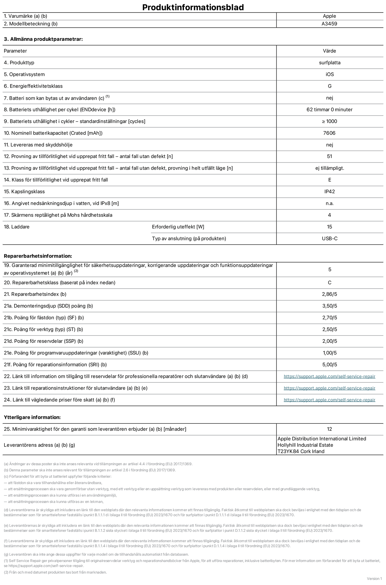 Produktinformationsblad f?r 11-tums iPad Air Wi?Fi, modell A3459. Tillhandah?lls av Apple Distribution International Limited, Hollyhill Industrial Estate. Cork, Irland, T23 YK84. Enhetstyp: surfplatta. Operativsystem: iOS. Energieffektivitetsklass: G. Batteri som kan bytas ut av anv?ndaren: nej. Batteritid per laddningscykel: 62 timmar. Batteriets livsl?ngd i antal cykler – standardinst?llningar: ≥ 1000. Nominell batterikapacitet: 7606 mAh. Levereras med skyddsfodral: nej. Tillf?rlitlighetstest vid upprepat fritt fall – antal fall utan defekter: 51. Tillf?rlitlighetstest vid upprepat fritt fall – antal fall utan defekter testat i helt utf?llt l?ge: ej till?mpligt. Tillf?rlitlighet vid upprepat fritt fall: klass E. IP-klass: IP42. Angivet neds?nkningsdjup i vatten vid iPx8: ej till?mpligt. Sk?rmens rept?lighet enligt Mohs h?rdhetsskala: 4. Laddare – uteffekt som kr?vs: 15 W. Typ av uttag p? laddaren: usb-c. Garanterad minimiperiod f?r tillg?ng till s?kerhetsuppdateringar, korrigerande uppdateringar och funktionsuppdateringar av operativsystemet: 5 ?r. Reparerbarhetsklass: C. Reparerbarhetsindex: 2,86/5. Po?ng f?r demonteringsdjup (SDD): 3,50/5. Po?ng f?r f?sten: 2,70/5. Po?ng f?r verktyg: 2,50/5. Po?ng f?r reservdelar: 2,00/5. Po?ng f?r mjukvaruuppdateringar: 1,00/5. Po?ng f?r reparationsinformation: 5,00/5. L?nk till information om tillg?ngliga reservdelar f?r professionella reparat?rer och slutanv?ndare: https://support.apple.com/self-service-repair. L?nk till reparationsanvisningar f?r slutanv?ndare: https://support.apple.com/self-service-repair. L?nk till v?gledande priser f?re skatt: https://support.apple.com/self-service-repair. Produkten omfattas av 12 m?naders garanti.