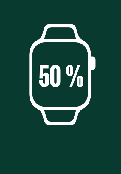 Illustration einer Apple Watch, deren grüner Umriss auf die H?lfte verkleinert ist, um 50 Prozent zu symbolisieren